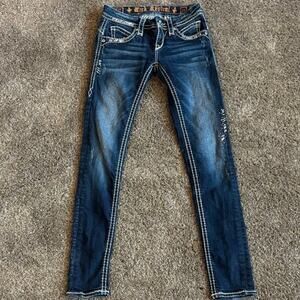 Rock Revival Skinny Jeans Size 29 Dark Wash Bling Pockets Thick Stitching Y2K